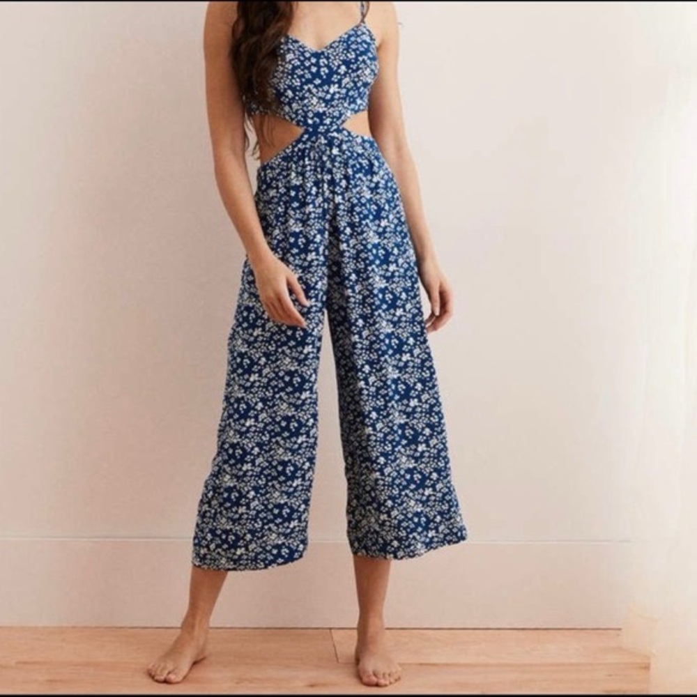 Aerie Cutout Jumpsuit in Blue Paisley